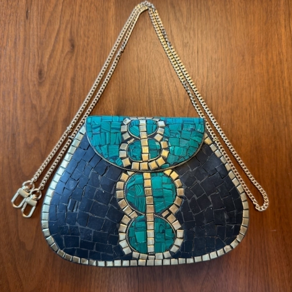 NWOT RAMLA Official Handmade Moroccan Mosaic Tile Porte-Moi Bag-Black/Green